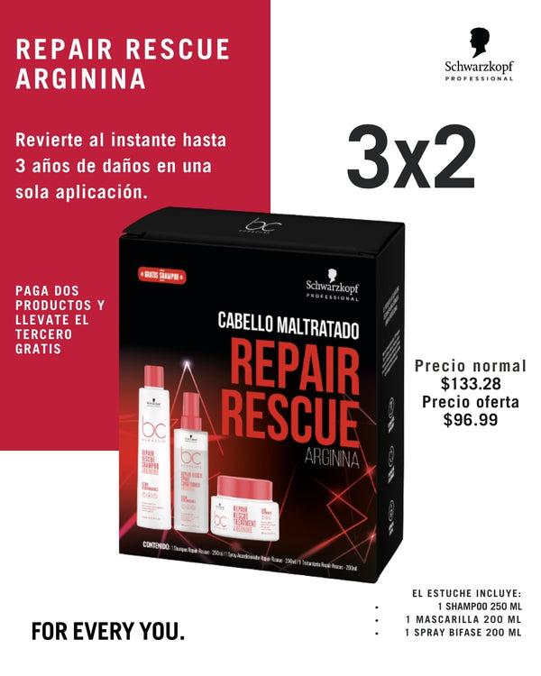 Kit Repair Rescue Mascarrilla 200ml + Spray Bifase 200ml + Shampoo 250ml Gratis