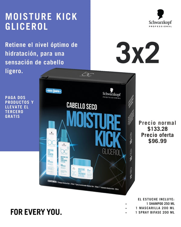 Kit Moisture Kick Mascarrilla 200ml + Spray Bifase 200ml + Shampoo 250ml Gratis